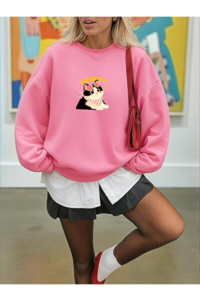 ArtYus Unisex Long Sleeve Transfer Lucky Cat B Printed Plus Size Crew Neck Sweatshirt