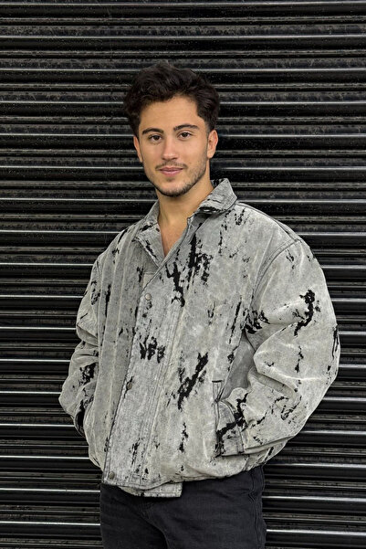 thesunfyre ΑΝΔΡΙΚΟ Μπουφάν Γκαμπαρντίνα με oversized σχέδια σε γκρι χρώμα