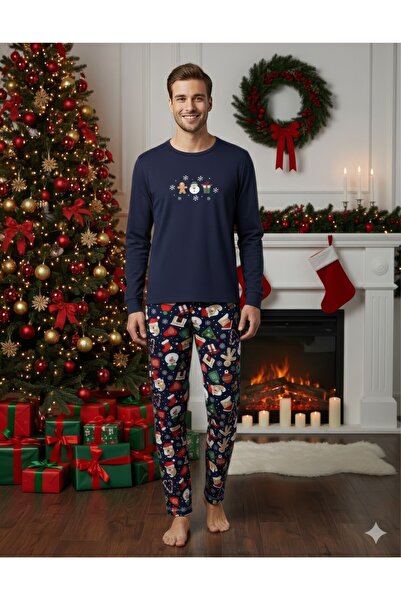 Serena Men's navy blue Christmas pajamas with festive figures
