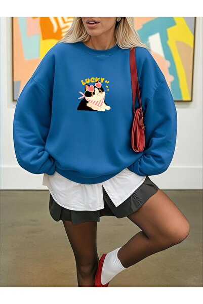 ArtYus Unisex Long Sleeve Transfer Lucky Cat B Printed Plus Size Crew Neck Sweatshirt