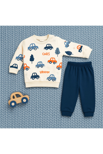 moukou Baby Car Patterned 2-Piece Set – Sweatshirt and Bottom Set, Soft Comfortable Casual Wear