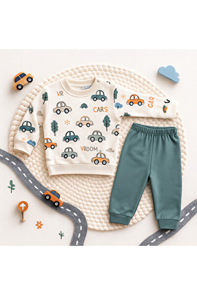 moukou Baby Car Patterned 2-Piece Set – Sweatshirt and Bottom Set, Soft Comfortable Casual Wear