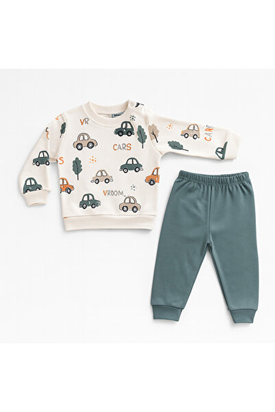 moukou Baby Car Patterned 2-Piece Set – Sweatshirt and Bottom Set, Soft Comfortable Casual Wear