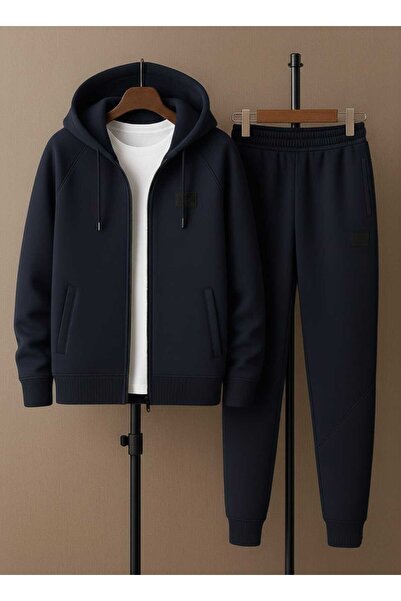 Fors Life Men's Hooded Comfortable Fit Cotton Fleece Lined Tracksuit Set, Navy Blue