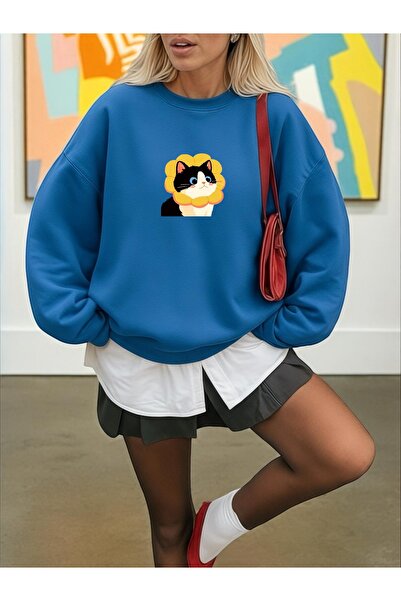 ArtYus Unisex Long Sleeve Transfer Cute Cat Bass Printed Load Size Crew Neck Sweatshirt