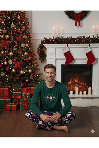 Serena Men's Christmas pajamas green & navy with festive figures