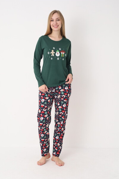 Serena Women's Christmas Pajamas – Green Gingerbread Top & Navy Pants