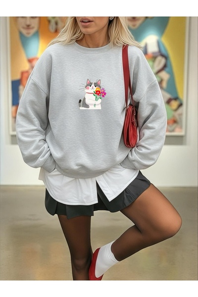 ArtYus Unisex Long Sleeve Transfer Cute Cat Bass Printed Load Size Crew Neck Sweatshirt