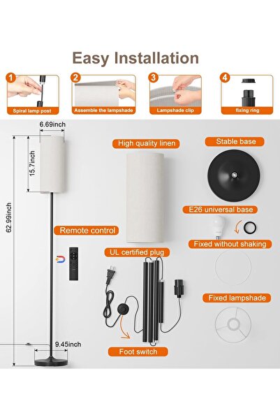 Bukela Moroccan Dimmable 12W LED Floor Lamp with Remote, Foot Switch, Beige Linen Shade