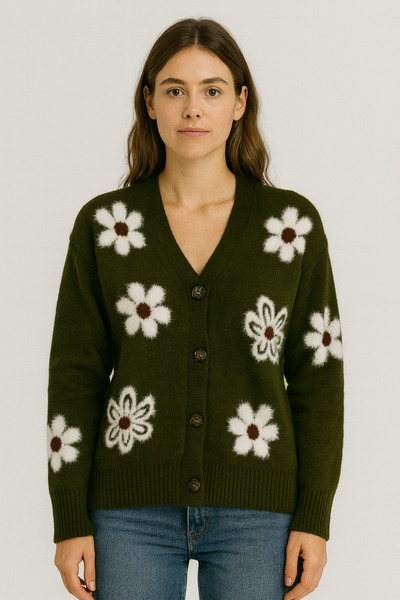 SARİTA MODA Daisy Pattern Buttoned Regular Loose Cardigan