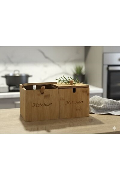 Qerhome 2-Piece Sugar Bowl with Bamboo Lid and Spoon - Salt Bowl - Spice Bowl or Seasoning Container 12 cm * 12 cm