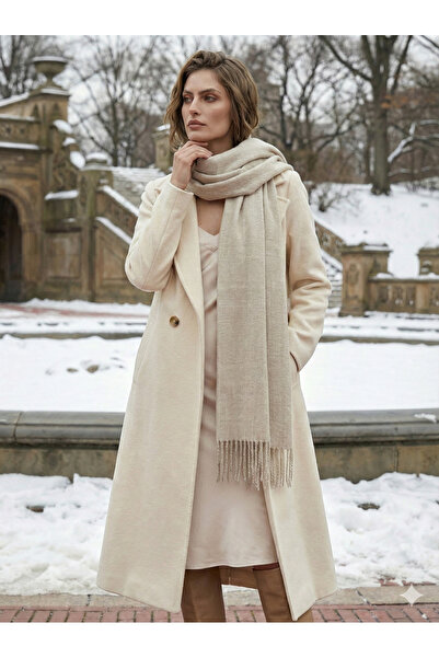Luminos Butik Beige Tasseled Scarf – Shawl and Wide Structure, Ideal for Cold Weather Sal1296