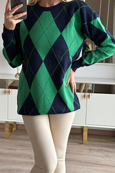 CİDDE Γυναικείο πλεκτό πουλόβερ με σχέδιο μπακλαβά Μήκος 77 εκ.