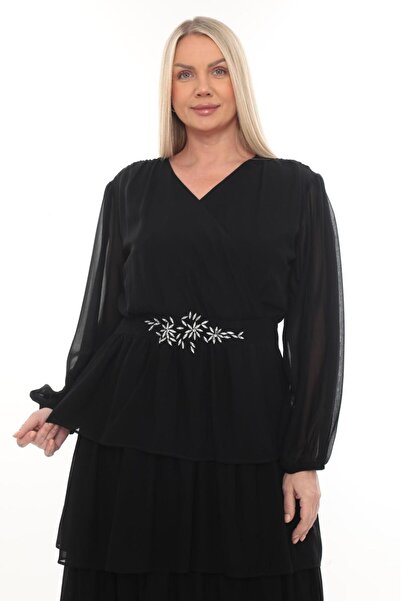 etselements Chiffon Waist Embroidery Detailed Stylish Evening Dress Ets1008