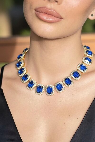 TAKIŞTIR Altın Renk Mavi Taş Detaylı Tasarım Abiye Kolye