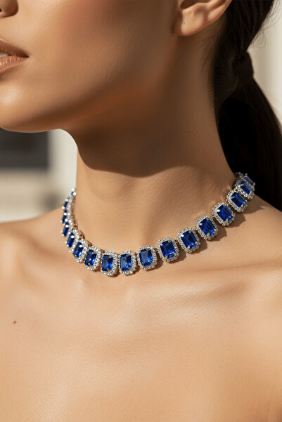 TAKIŞTIR Gümüş Renk Mavi Taş Detaylı Tasarım Abiye Kolye