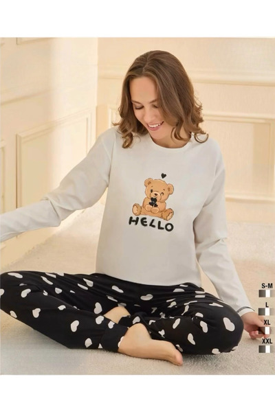 İpek Women's Long Sleeve Crew Neck 100% Cotton Pajama Set