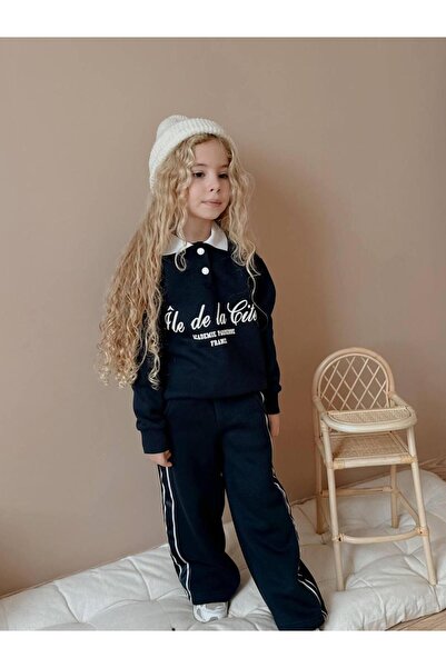 RAPAPA Κοριτσίστικο φούτερ 3 νήματα Σ επένδυση fleece και φαρδύ κοστούμι αθλητικής φόρμας 5039 ΣΚΟΥΡΟ ΜΠΛΕ