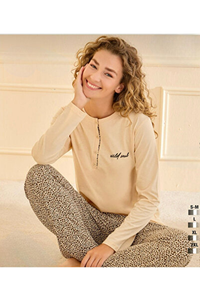 İpek Women's Long Sleeve 100% Cotton Leopard Print Pajama Set