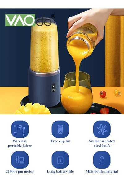 VAODO Portable Blender USB Charging with 2 Juice Cup Personal Travel Blender 304 Stainless Steel 6 Blades
