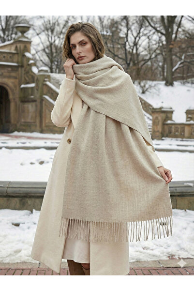 Luminos Butik Beige Tasseled Scarf – Shawl and Wide Structure, Ideal for Cold Weather Sal1296