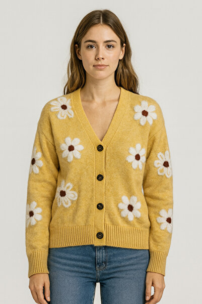SARİTA MODA Daisy Pattern Buttoned Regular Loose Cardigan