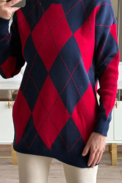 CİDDE Γυναικείο πλεκτό πουλόβερ με σχέδιο μπακλαβά Μήκος 77 εκ.