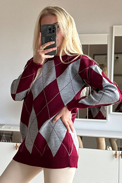 CİDDE Γυναικείο πλεκτό πουλόβερ με σχέδιο μπακλαβά Μήκος 77 εκ.