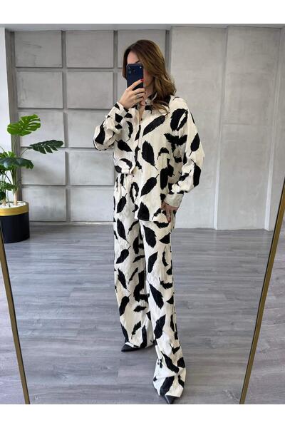 Coral طقم قميص وبنطلون منقوش 7121 إكرو - أسود