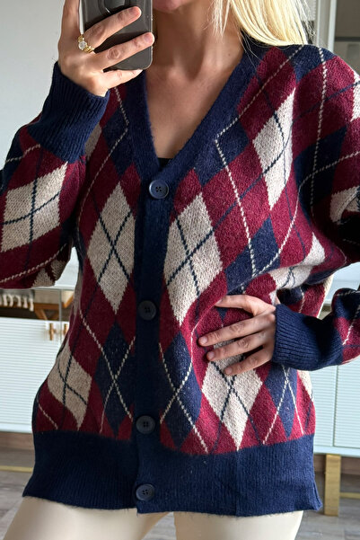 CİDDE Women's Diamond Patterned Fleece-Lined Oversize Knitwear Cardigan Length 72 cm