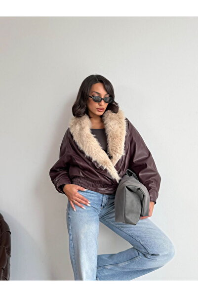 Lady Pixie Double-Breasted Leather Coat with Fur Collar