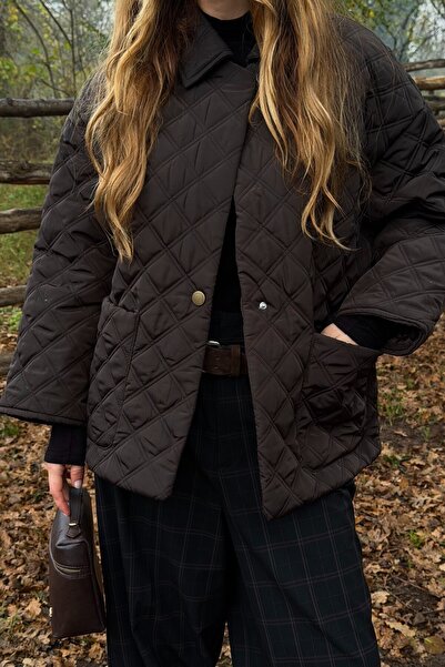 Laluvia Καφέ καπιτονέ παλτό με σάλι - 0762