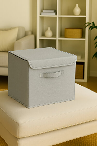 Spartek home textile 2 Pcs-Covered Gray Closet Inside Laundry Toy Organizer Folding Storage Box with Lid 30X30X30Cm