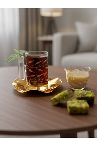 DECOSTYLE 18 Piece Modern Glass Tea Set with Ivy Decorated Steel Plate |   Premium Presentation Set