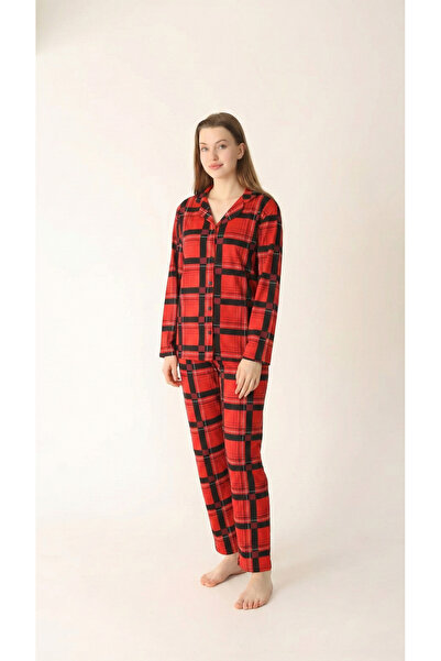 Arvin Pijama Cotton Buttoned Shirt Collar Pajama Set Red Black Plaid