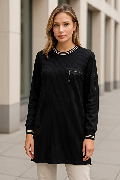 TUSSE Women's Classic Accessory Detailed Corded Fabric Ribbed Knit Plus Size Tunic