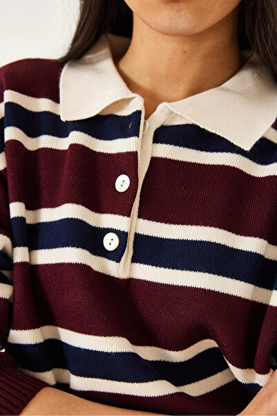 FlosTeel Women's Striped Burgundy Polo Neck Buttoned Knit Sweater