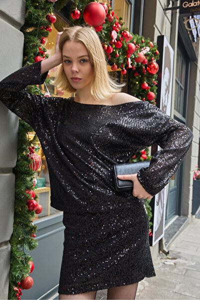 sumoda Women's Shoulder Detailed Sequined Stretch Fabric Black Blouse