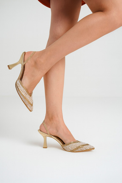 Beyond Women's Gold Transparent Pearl Stone Pointed Toe Evening Dress Shoes 8.5 cm Byndprs07