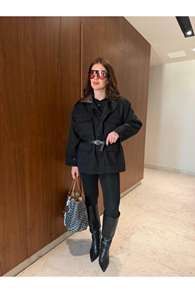 begum mayda Orijinal Model , Deri Yakalı , Kemerli , Siyah Trençkot