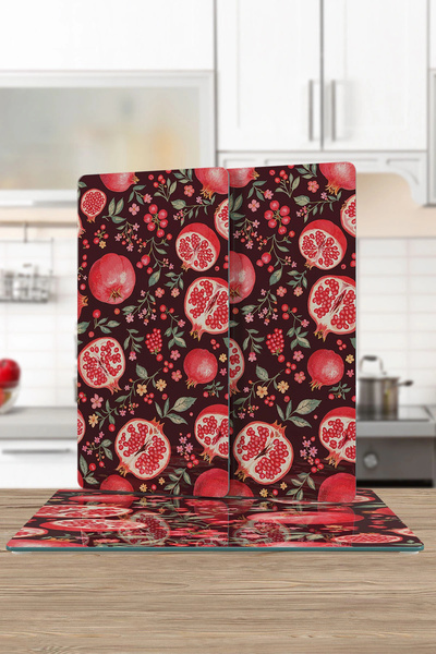 Decovetro Glass Presentation Serving Plate Set of 3 Rectangular Pomegranate Patterned