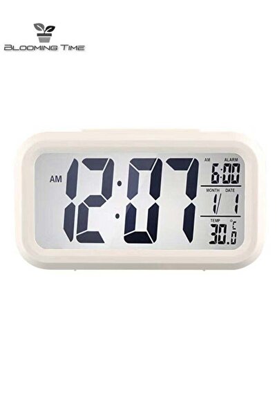 BLOOMING TIME ساعة إلكترونية رقمية LED مع تقويم ودرجة حرارة - أبيض