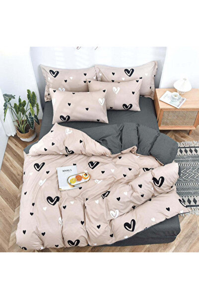 trendyhome Double Bed Linen, 4-Piece Satin Cotton – Hearts, Beige