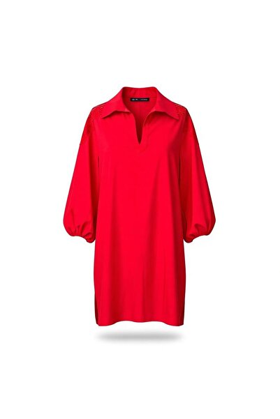 Eight Fashion Women's Lace Detailed Sleeves Pleated Cotton Shirt Collar Dress