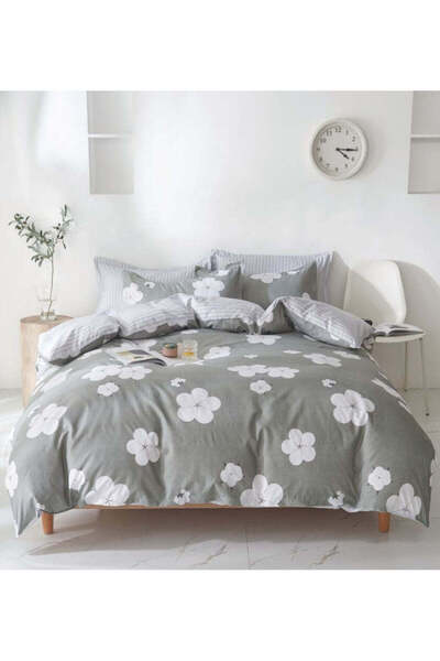 trendyhome Double Bed Linen, Satin Cotton 4 Pieces – Flowers, Grey/White