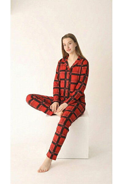 Arvin Pijama Cotton Buttoned Shirt Collar Pajama Set Red Black Plaid