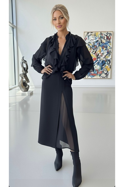 MELEDYA Krep kumaş şifon yırtmaçlı etek