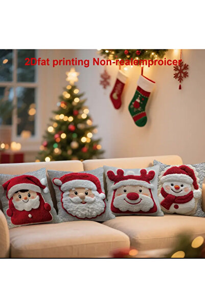 CN 4 Pieces, 2D Christmas Pillow Covers - 2D Flat Printed Christmas Characters Including Santa Claus, Reindeer, Snowman, Etc. No Embroidery