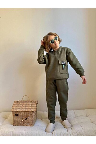 RAPAPA Boy's 3 Thread Fleece-Lined Hooded Cargo Pocket Piece Tracksuit Set Green