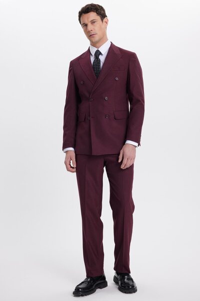 Tudors Men's Slim Fit Pointed Collar Striped Flap Pocket Burgundy Suit